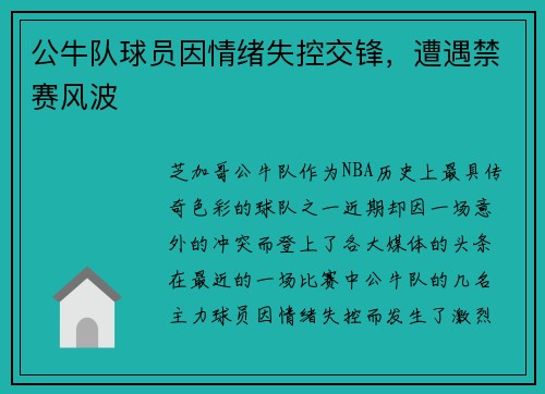 公牛队球员因情绪失控交锋，遭遇禁赛风波